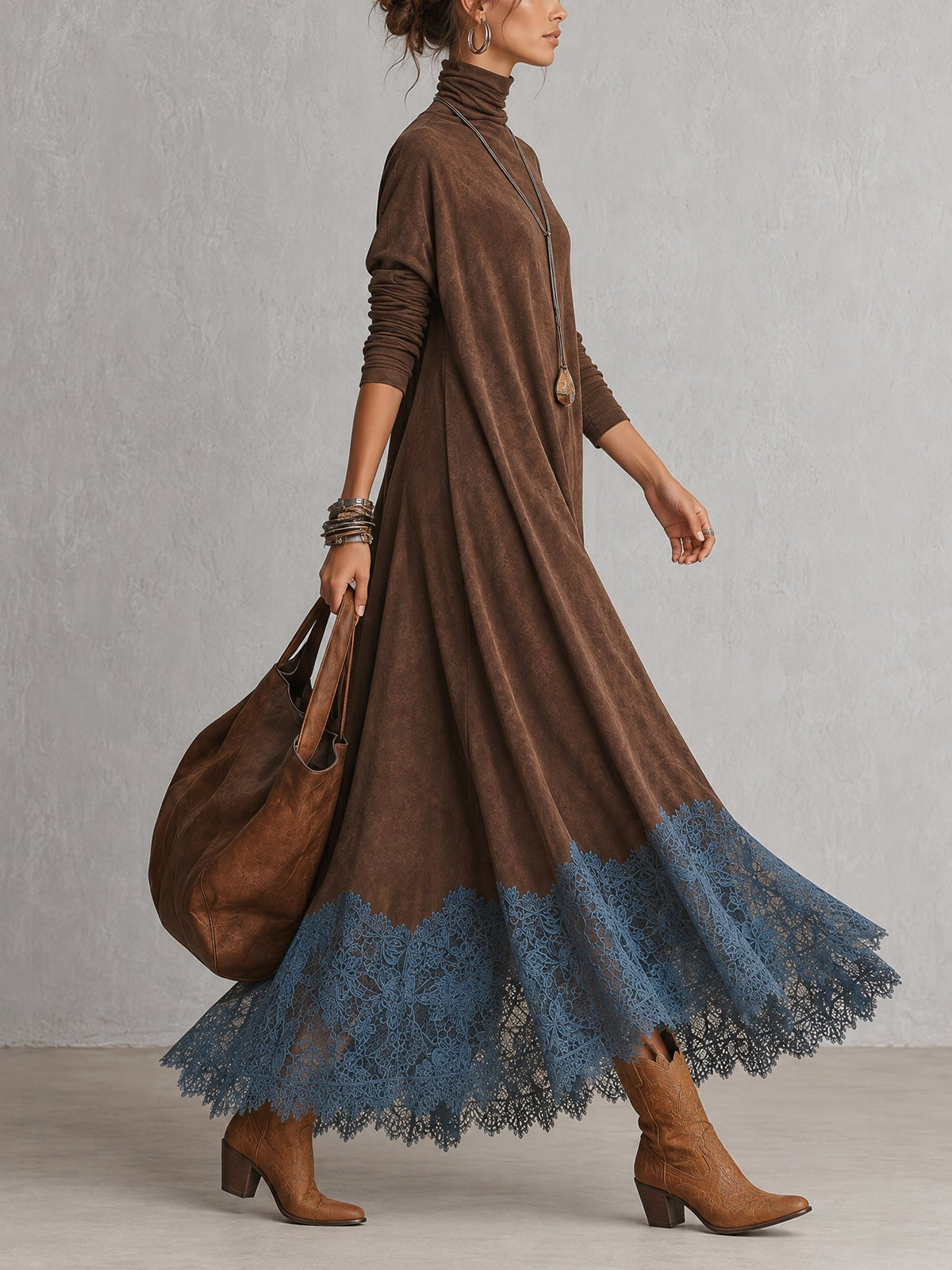 Lucía • Vestido Largo Efecto Ante Con Bajo De Encaje
