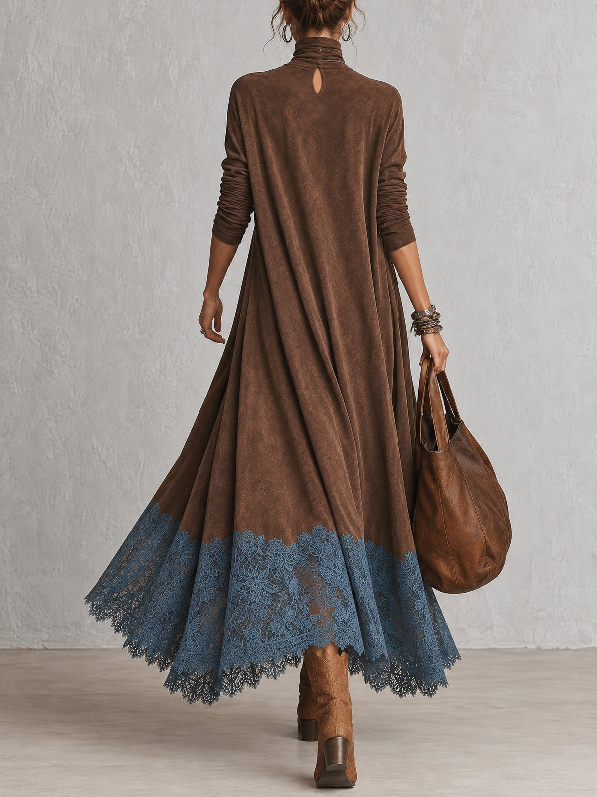 Lucía • Vestido Largo Efecto Ante Con Bajo De Encaje