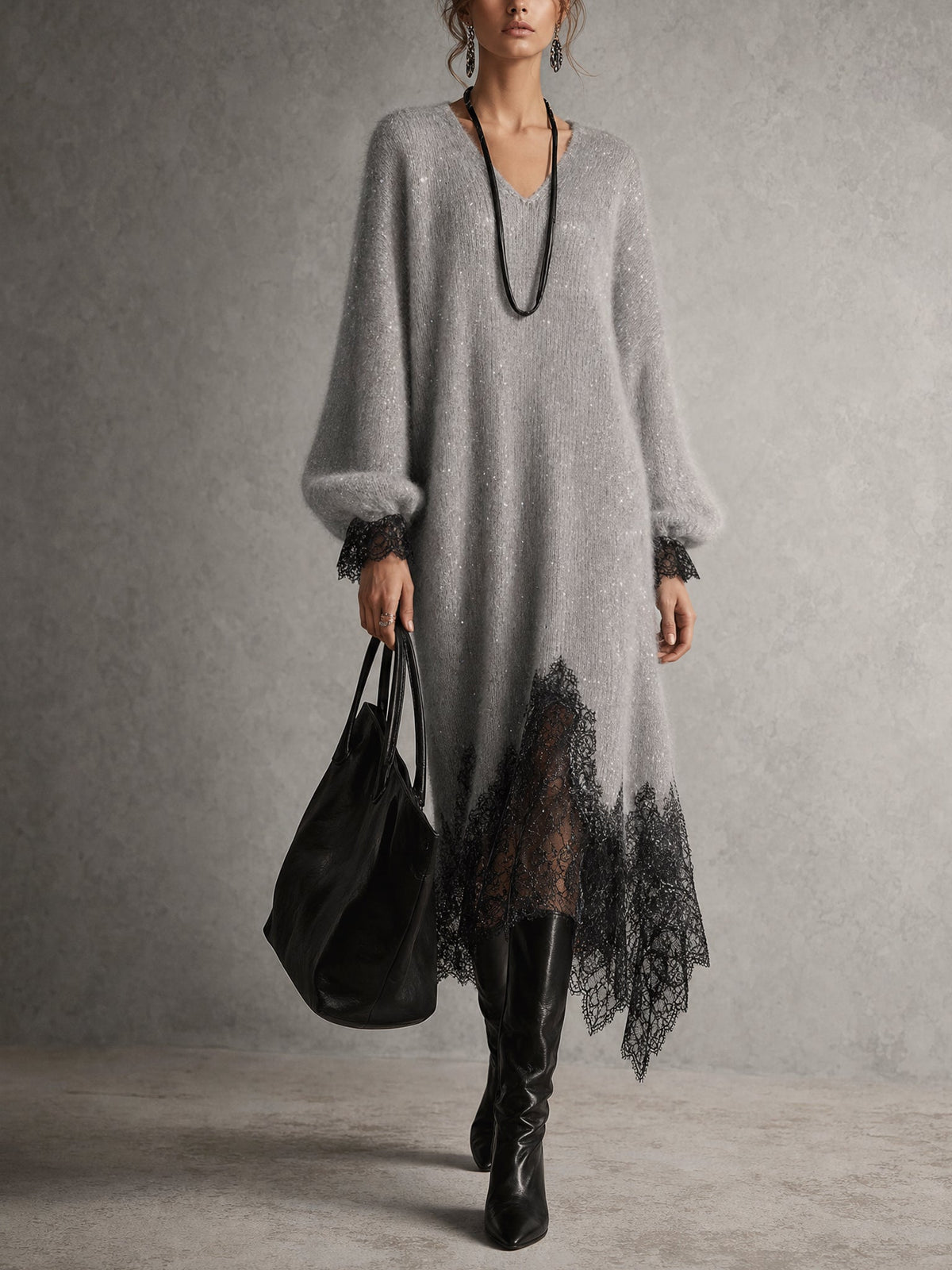 Vega • Vestido Midi De Punto Con Bajo De Encaje