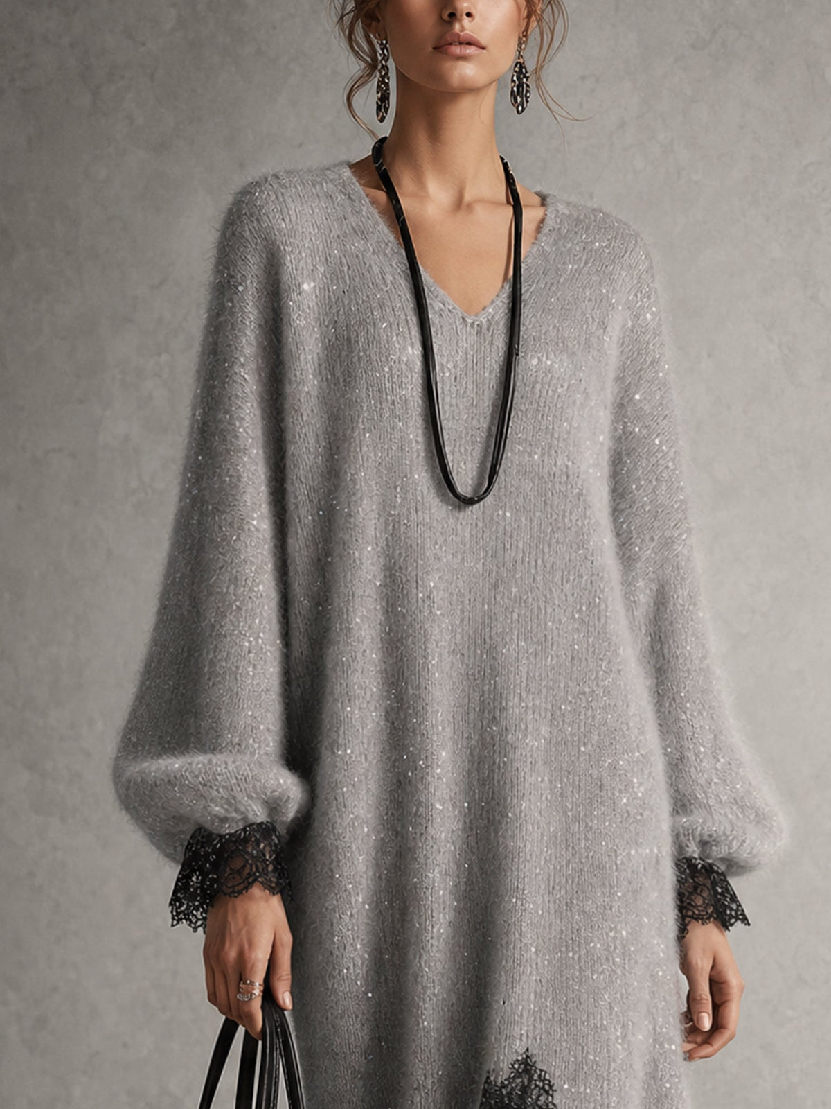 Vega • Vestido Midi De Punto Con Bajo De Encaje