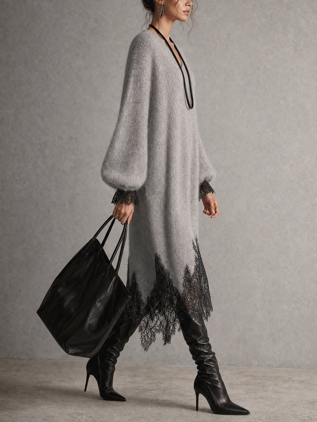 Vega • Vestido Midi De Punto Con Bajo De Encaje