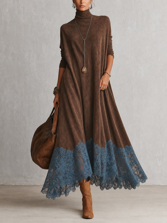 Lucía • Vestido Largo Efecto Ante Con Bajo De Encaje