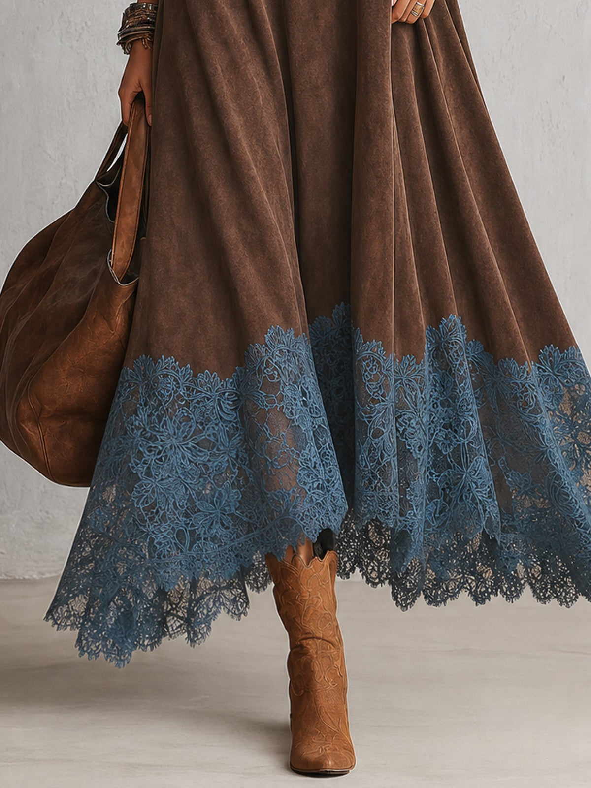 Lucía • Vestido Largo Efecto Ante Con Bajo De Encaje