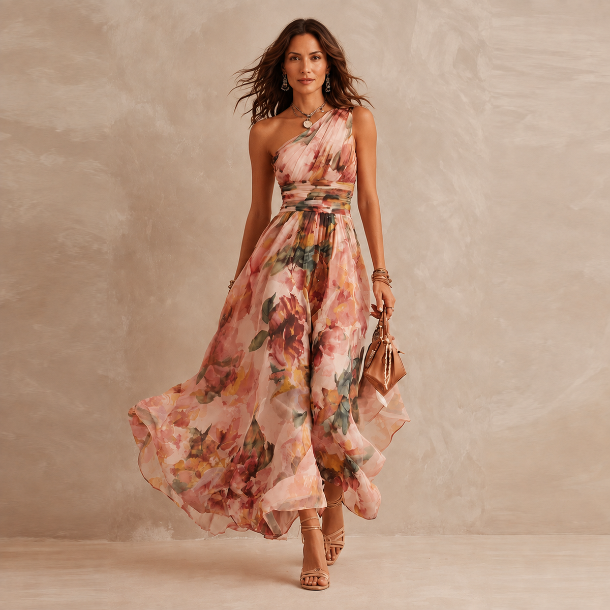 Abril • Vestido Largo De Un Hombro Con Estampado Floral