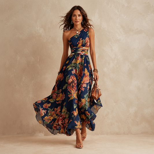 Abril • Vestido Largo De Un Hombro Con Estampado Floral