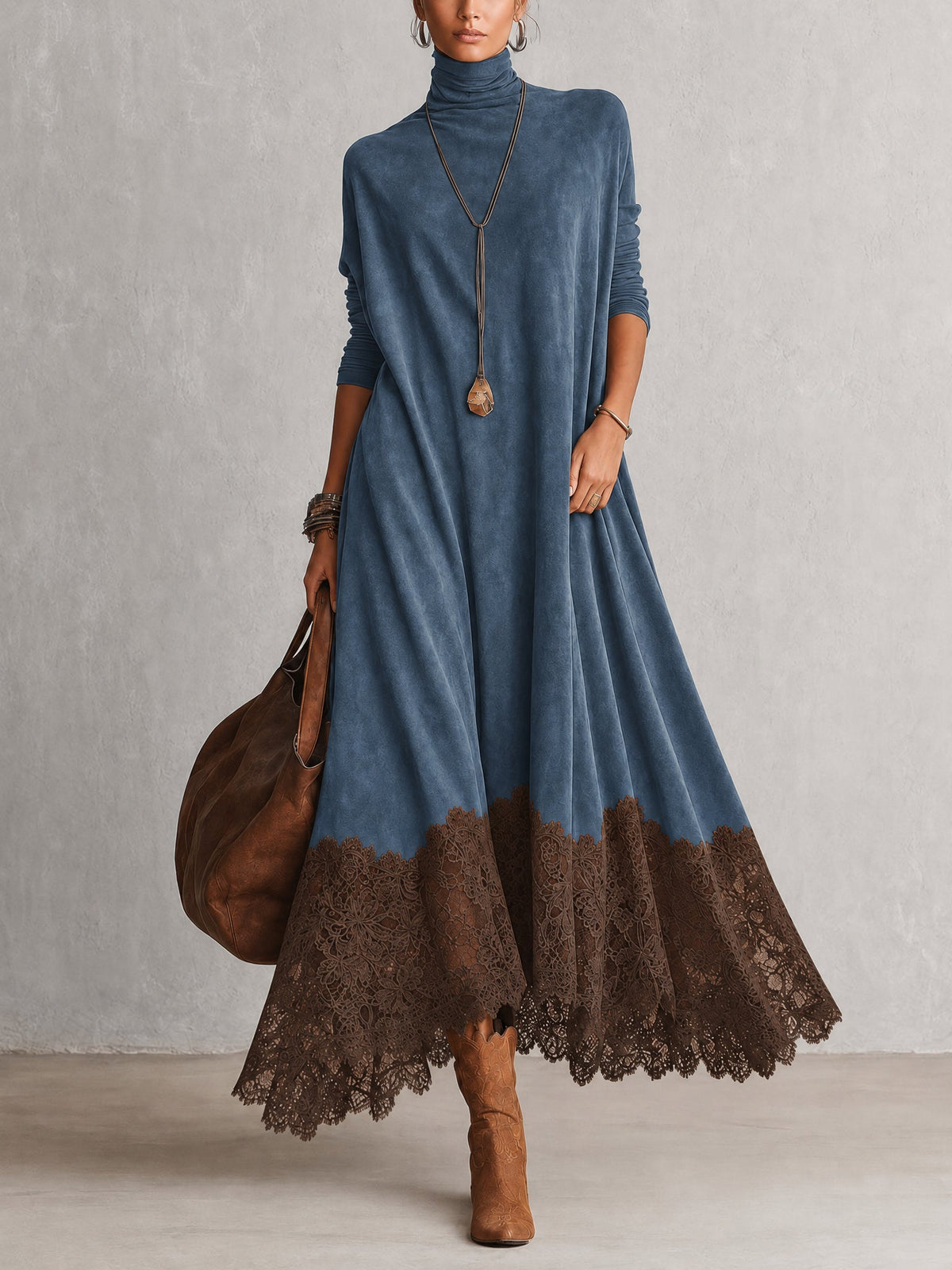 Lucía • Vestido Largo Efecto Ante Con Bajo De Encaje