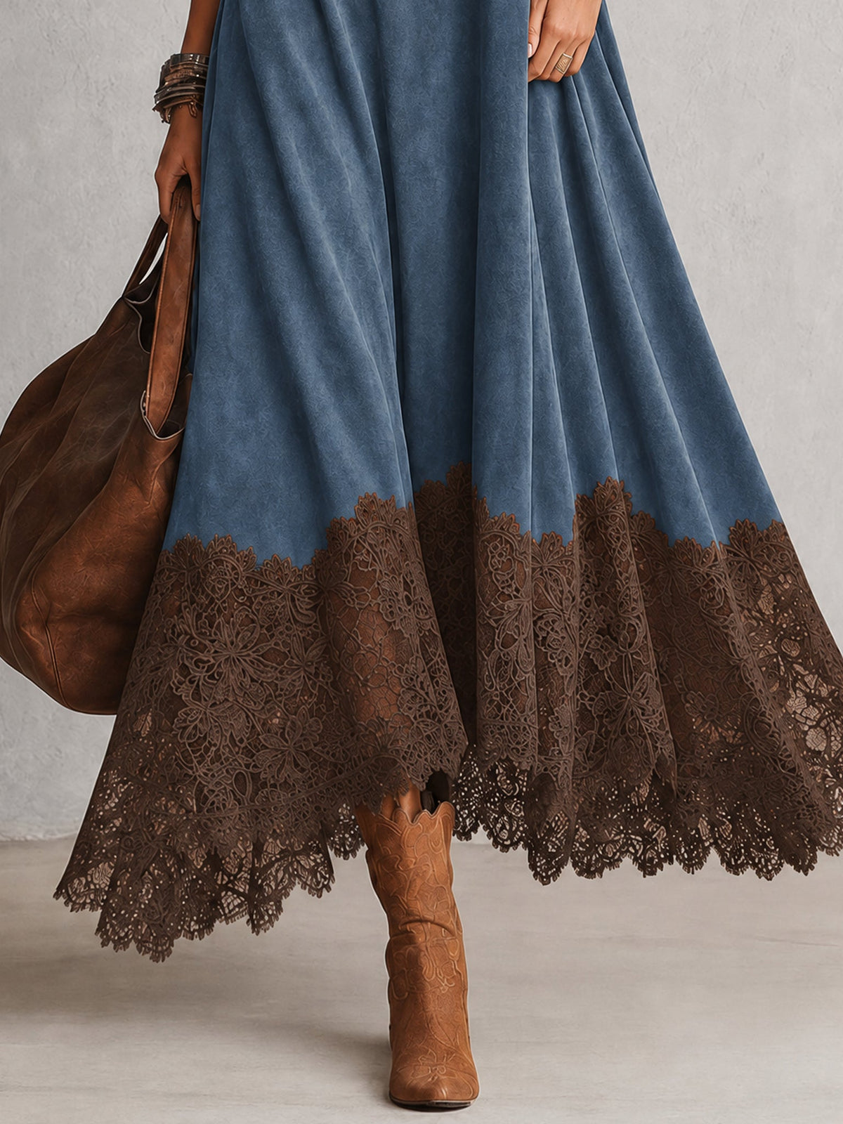 Lucía • Vestido Largo Efecto Ante Con Bajo De Encaje