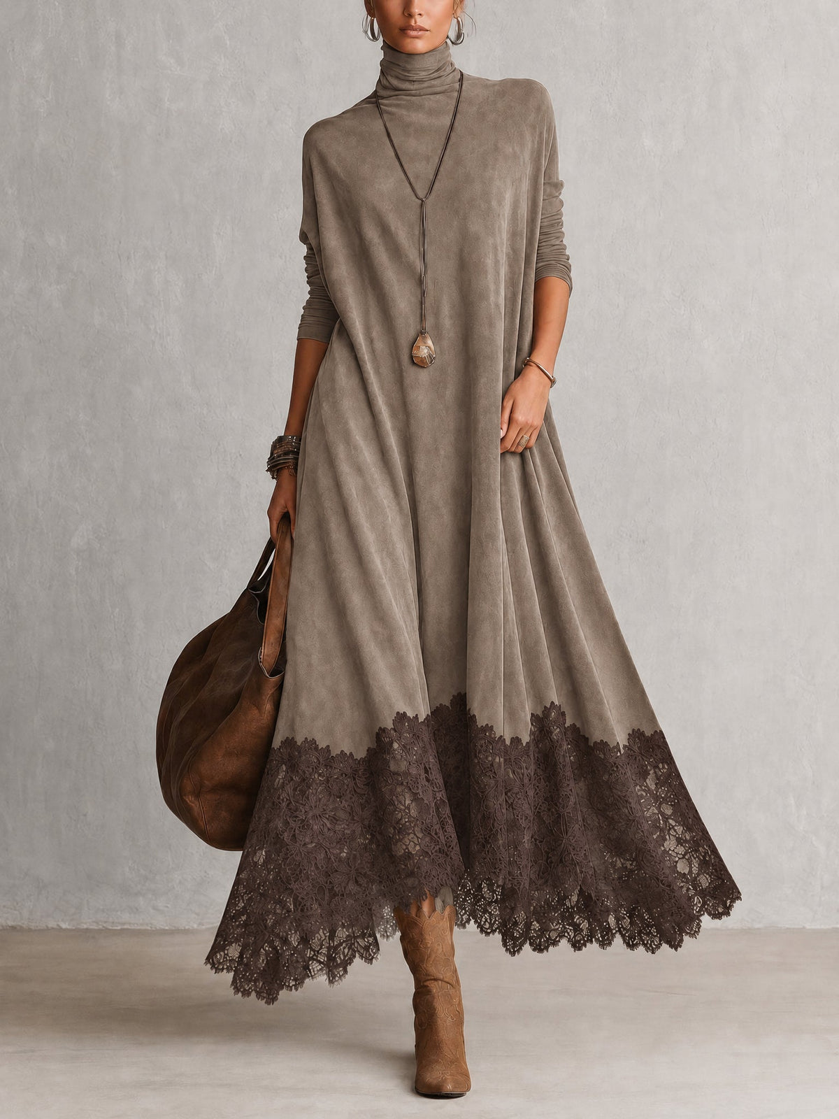 Lucía • Vestido Largo Efecto Ante Con Bajo De Encaje