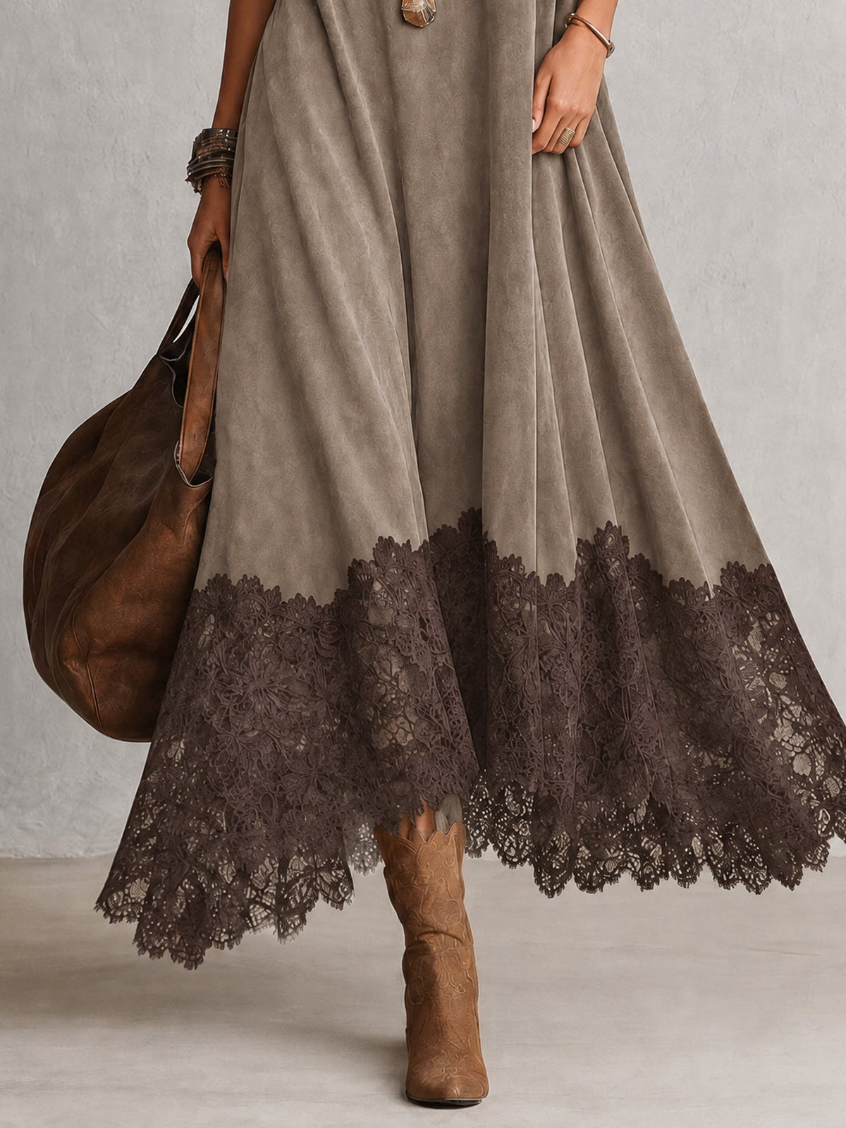 Lucía • Vestido Largo Efecto Ante Con Bajo De Encaje