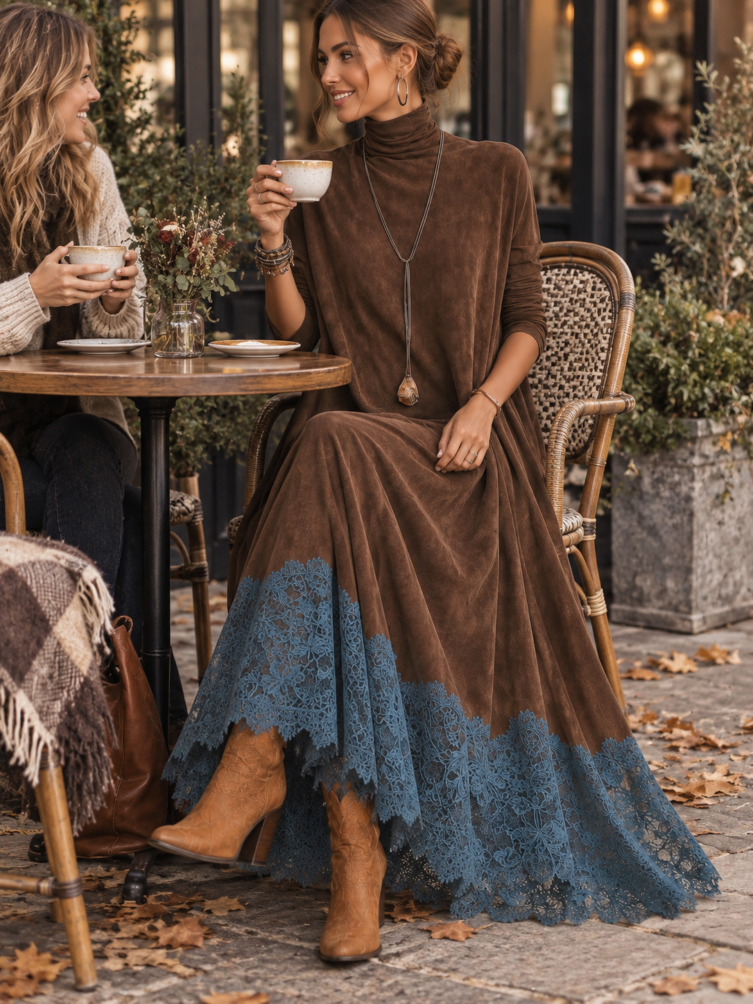Lucía • Vestido Largo Efecto Ante Con Bajo De Encaje