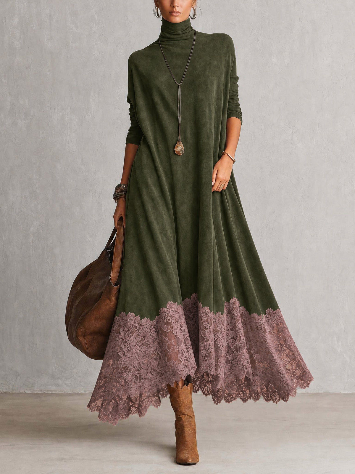 Lucía • Vestido Largo Efecto Ante Con Bajo De Encaje
