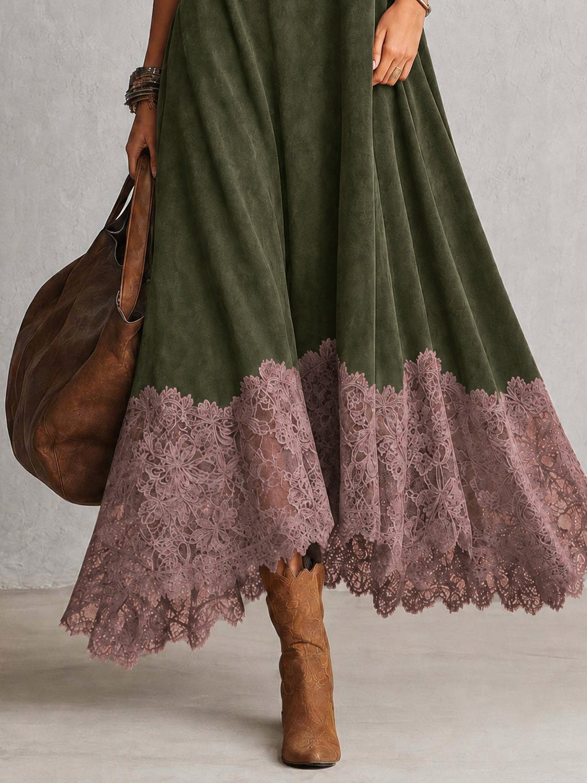 Lucía • Vestido Largo Efecto Ante Con Bajo De Encaje