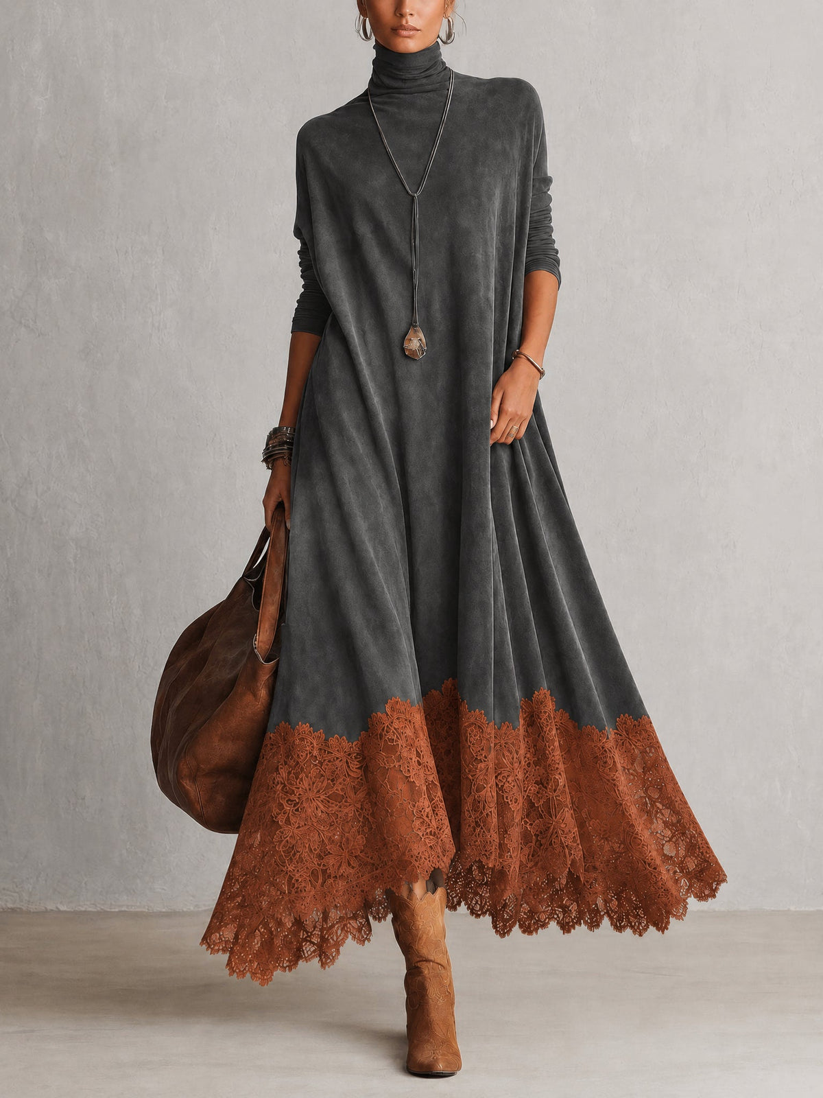 Lucía • Vestido Largo Efecto Ante Con Bajo De Encaje