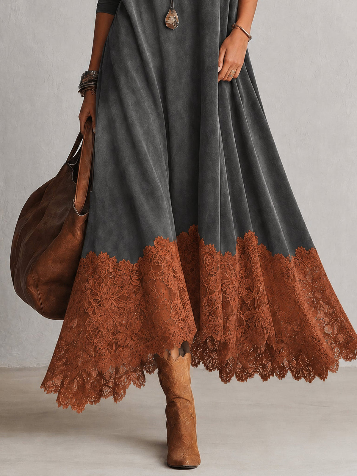 Lucía • Vestido Largo Efecto Ante Con Bajo De Encaje