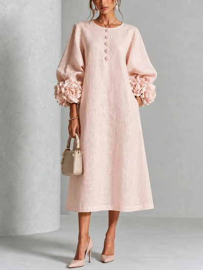 Mireia • Vestido Midi Kaftán Con Cuello En V Y Puños De Flores En Relieve