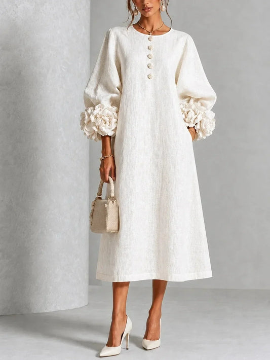 Mireia • Vestido Midi Kaftán Con Cuello En V Y Puños De Flores En Relieve
