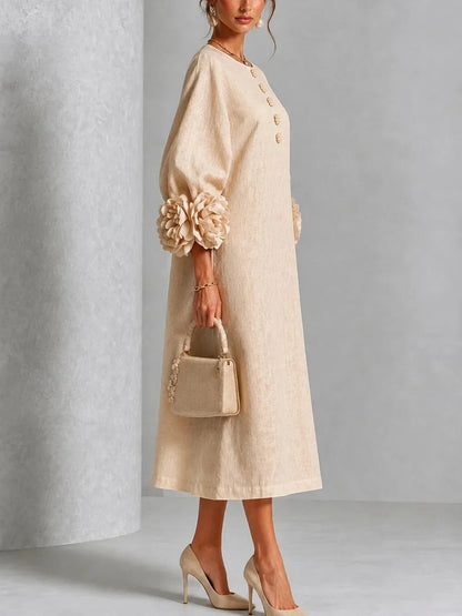 Mireia • Vestido Midi Kaftán Con Cuello En V Y Puños De Flores En Relieve