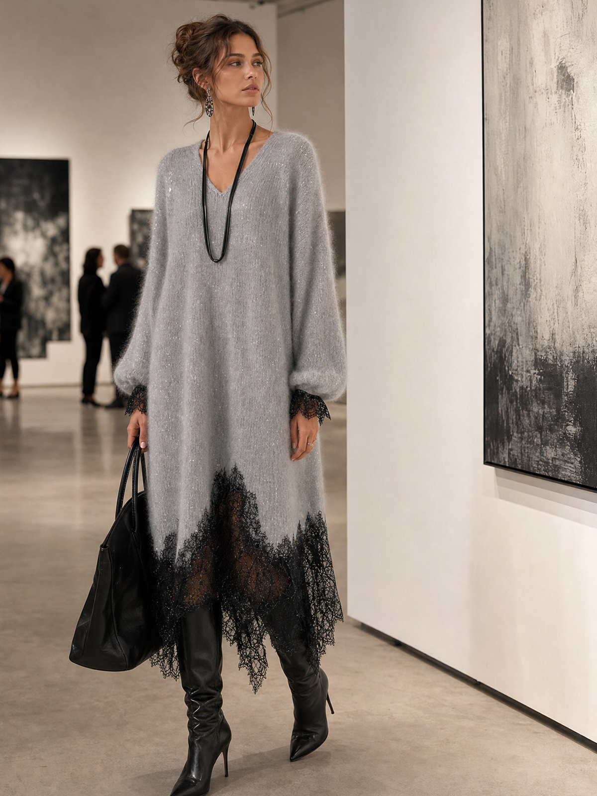 Vega • Vestido Midi De Punto Con Bajo De Encaje