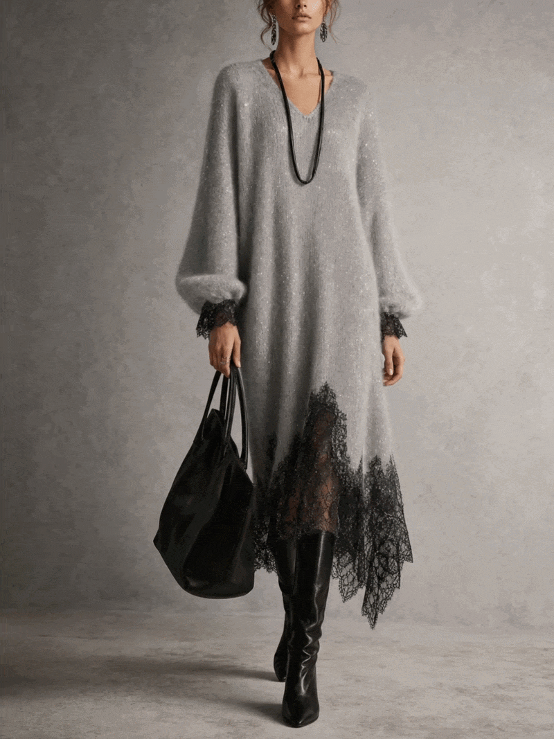 Vega • Vestido Midi De Punto Con Bajo De Encaje